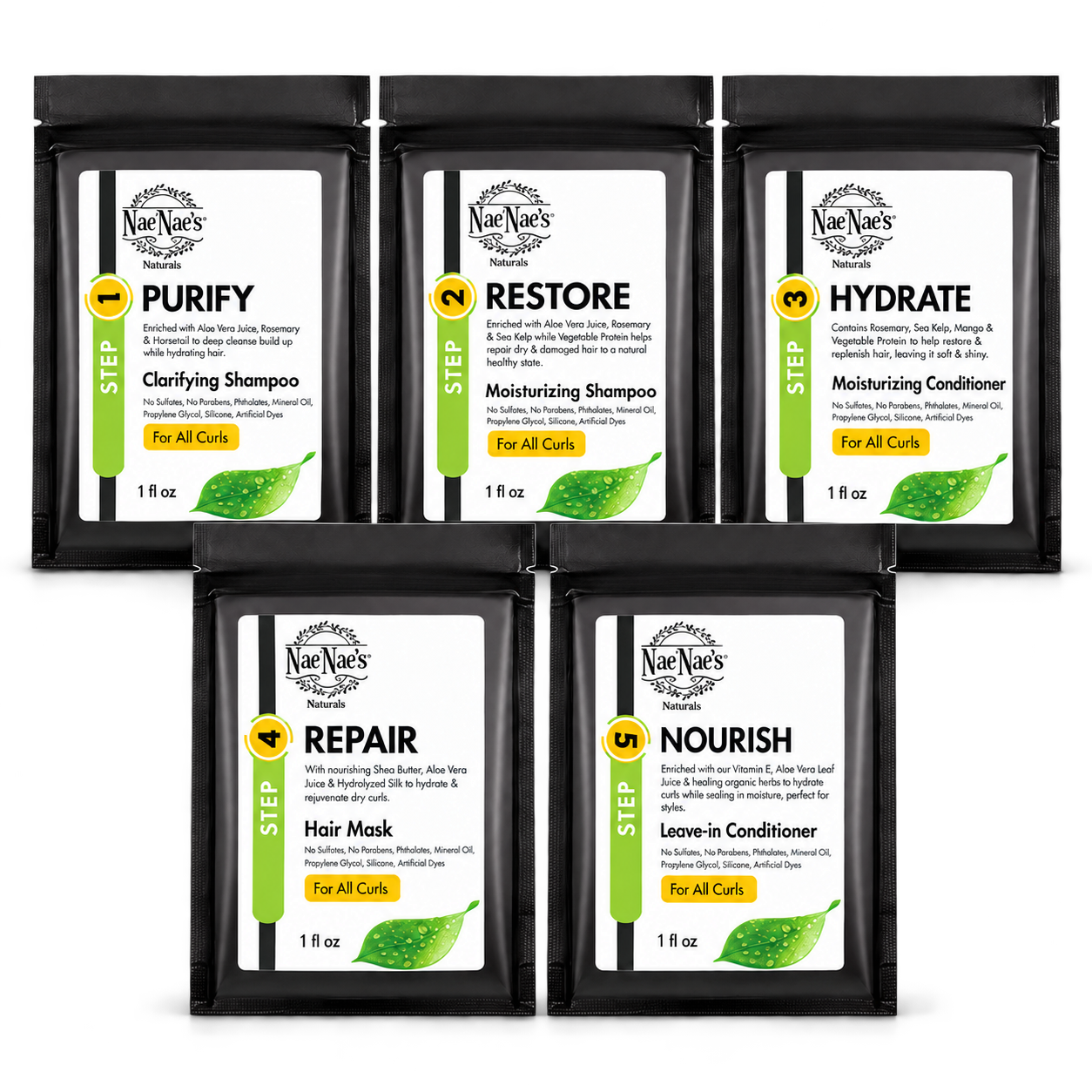 Nae Nae’s Naturals Wash-Day Sample Set featuring five 1 fl oz packets, with clarifying steps 1, 4 and 5 and moisturizing steps 2, 3 and 5.